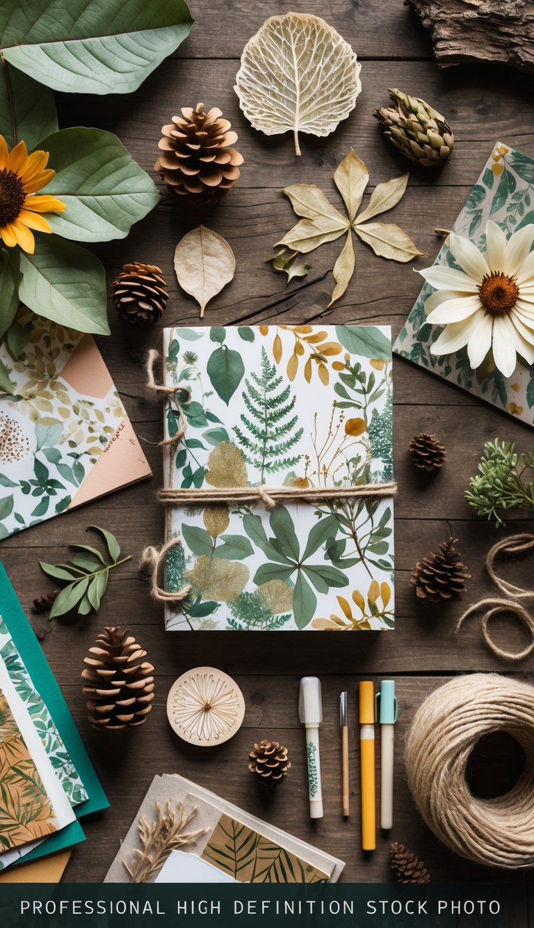 A workspace with natural materials like dried leaves, pressed flowers, and textured papers arranged for scrapbooking and journaling crafts.
