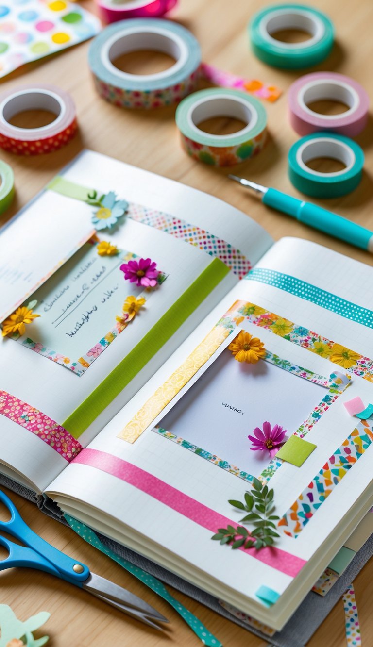 An open scrapbook on a wooden table with colorful washi tape borders decorating the pages, surrounded by crafting supplies like scissors and pens.