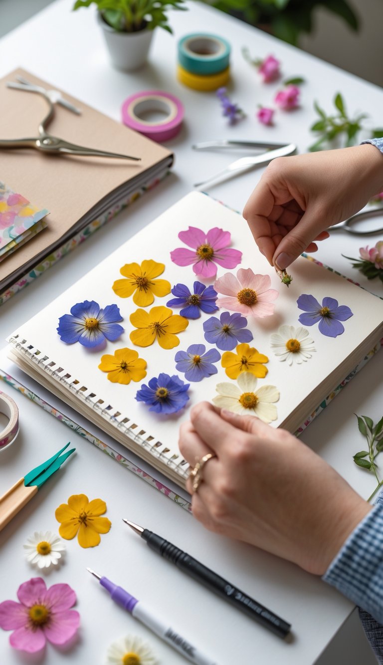 Hands placing pressed flowers into an open scrapbook surrounded by crafting supplies.