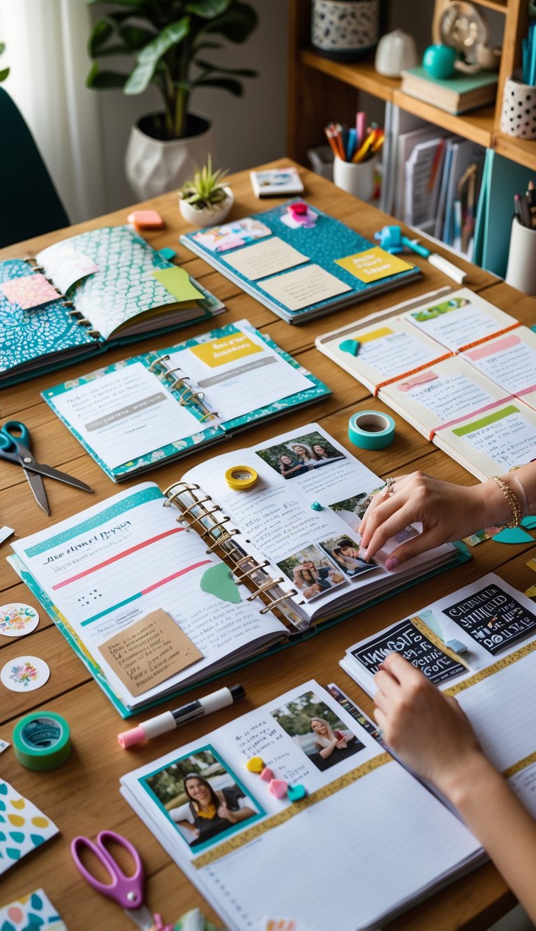 A workspace with hands creating timeline storyboards and scrapbooks using colorful craft supplies on a wooden desk.