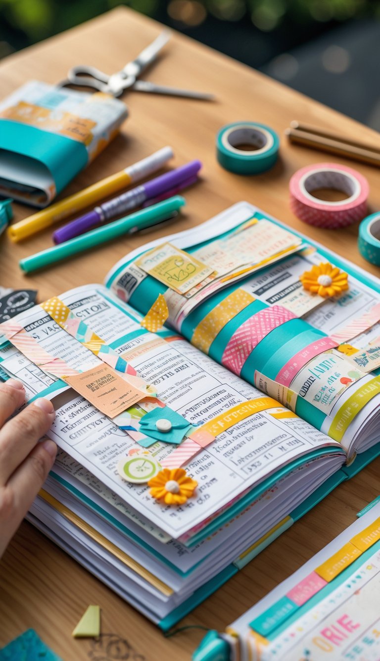 An open scrapbook on a wooden table with ticket stubs, receipts, and craft supplies arranged around it.