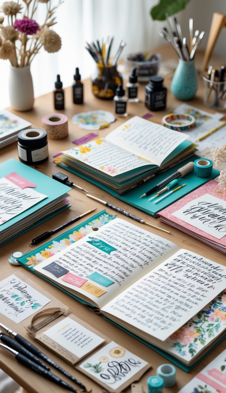 A craft workspace with open scrapbooks and journals, surrounded by calligraphy tools and decorative materials on a wooden table.