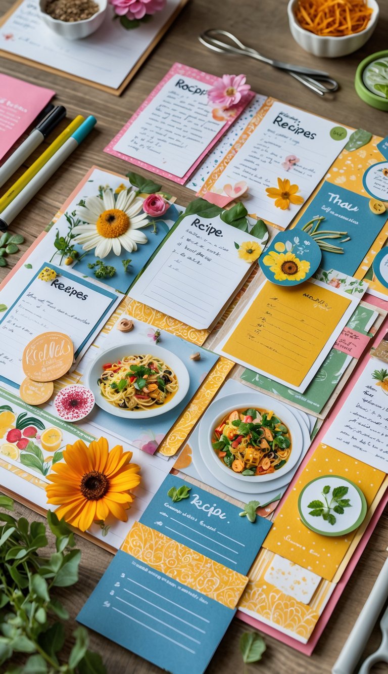 A colorful scrapbook spread displaying recipe cards, photos of food, handwritten notes, and decorative craft supplies on a table.