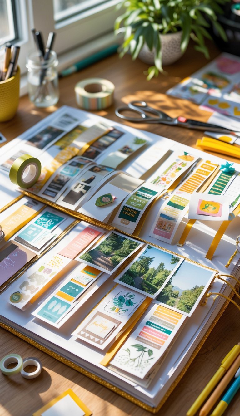 A workspace with an open scrapbook filled with photo strips and craft supplies like scissors, pens, and decorative paper on a wooden table.