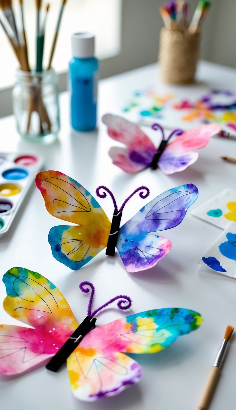 Colorful coffee filter butterflies made by children displayed on a table with art supplies.