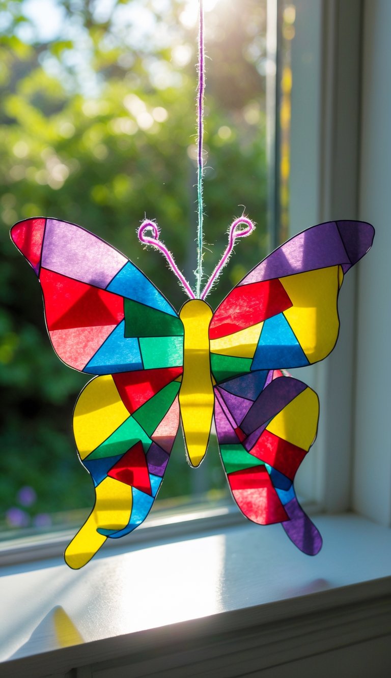 Colorful tissue paper butterfly suncatcher hanging in front of a sunlit window with a garden visible outside.