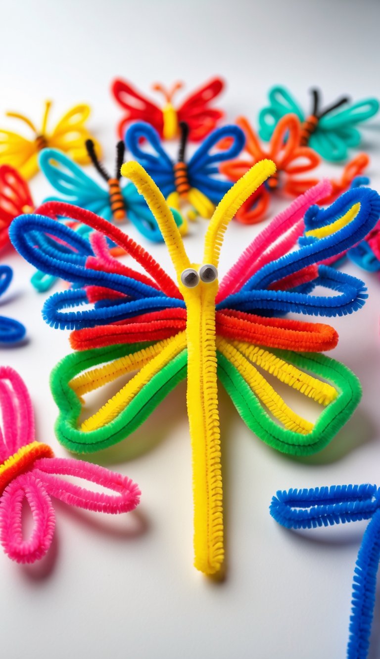 Close-up of colorful butterfly crafts made from pipe cleaners arranged on a white background.