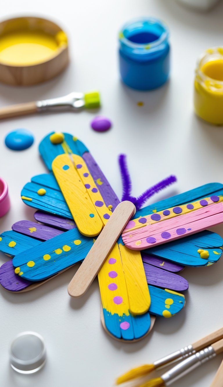A colorful butterfly craft made from painted popsicle sticks with a magnet on the back, surrounded by craft supplies on a white surface.