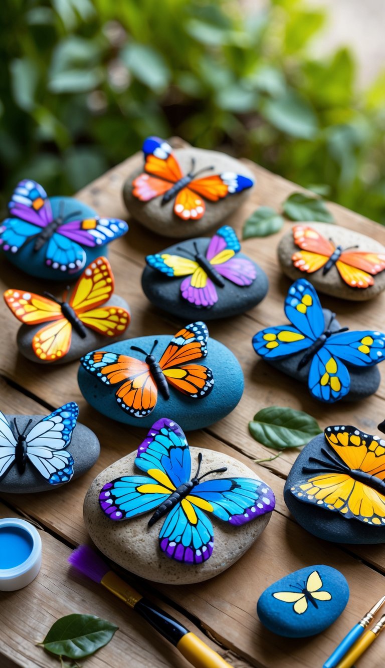 Colorful painted rock butterflies arranged on a wooden surface with paintbrushes and paint pots nearby.
