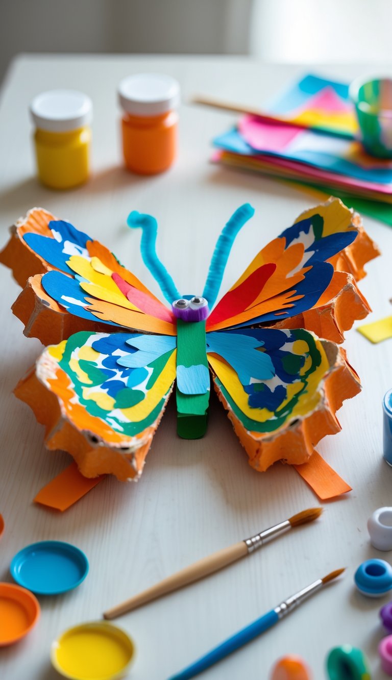 A colorful butterfly craft made from painted egg carton pieces on a wooden table surrounded by art supplies.