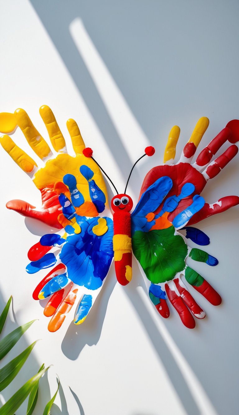 A colorful butterfly made from children's painted handprints arranged as wings on a white background.