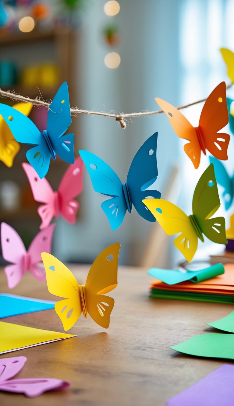 Colorful paper butterfly garland hanging with multiple vibrant paper butterflies in a cozy crafting space.