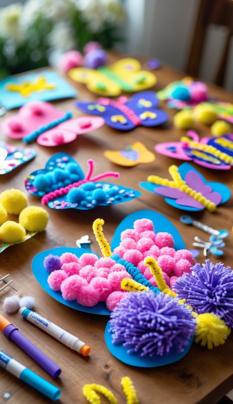 A collection of colorful pom pom butterfly crafts displayed on a table with crafting supplies around them.
