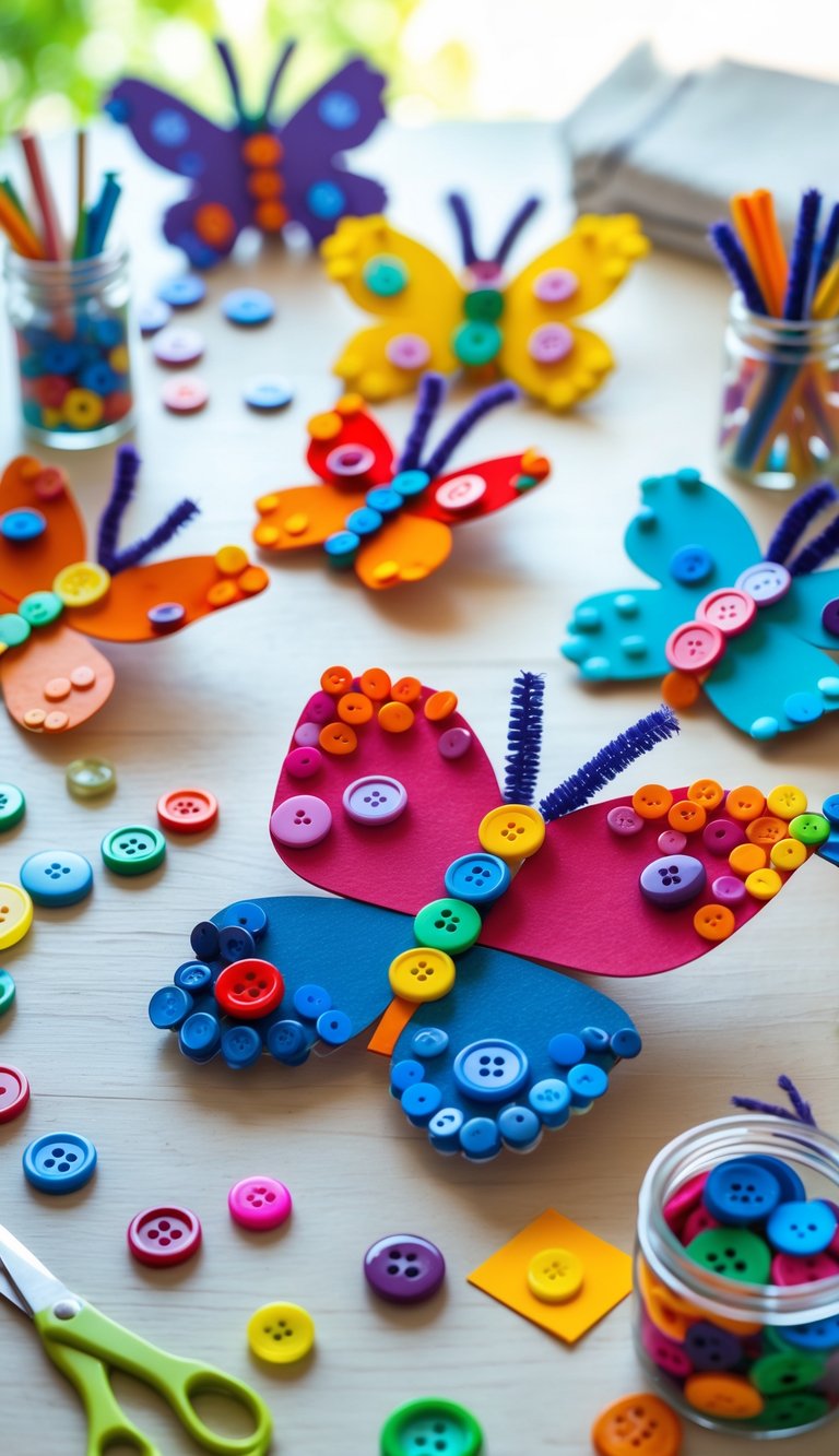 A table displaying colorful butterfly crafts made from buttons and crafting materials like scissors and glue.
