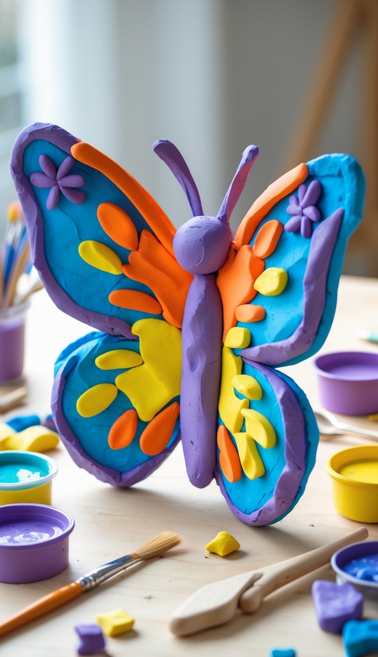 A colorful clay butterfly sculpture on a wooden table surrounded by children's craft materials.