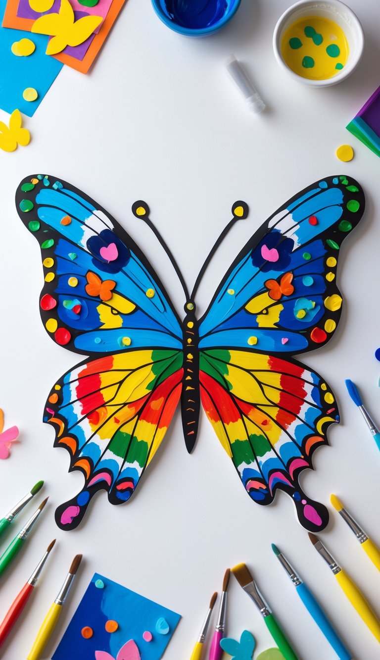 A colorful symmetrical butterfly painting surrounded by craft supplies on a white surface.
