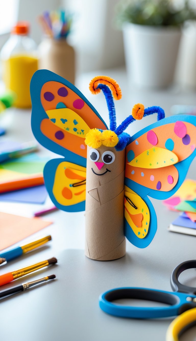 A colorful butterfly craft made from a paper towel roll on a table with crafting supplies around it.