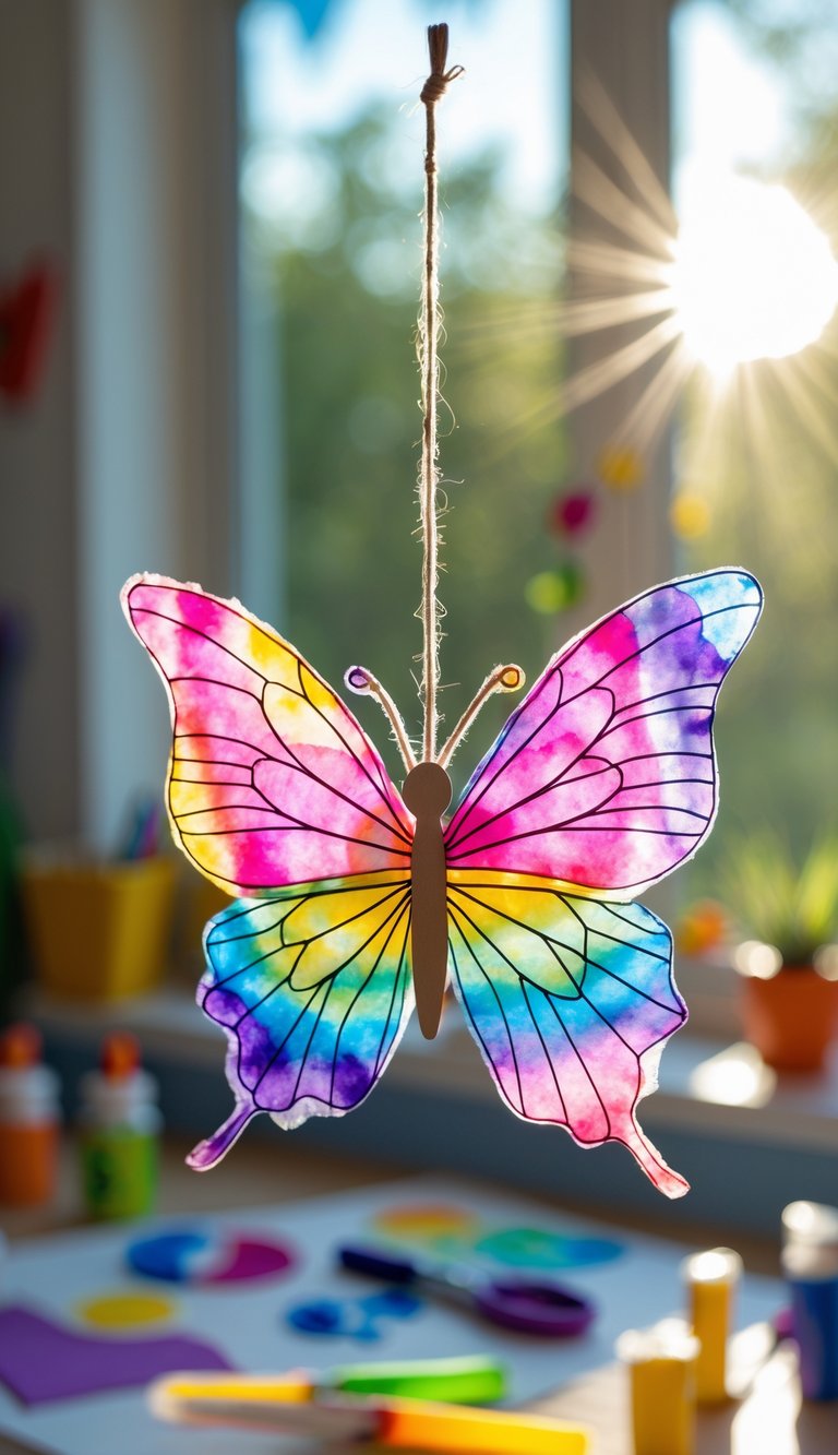 A colorful butterfly sun catcher made from coffee filters hanging in front of a sunlit window with craft supplies in the background.
