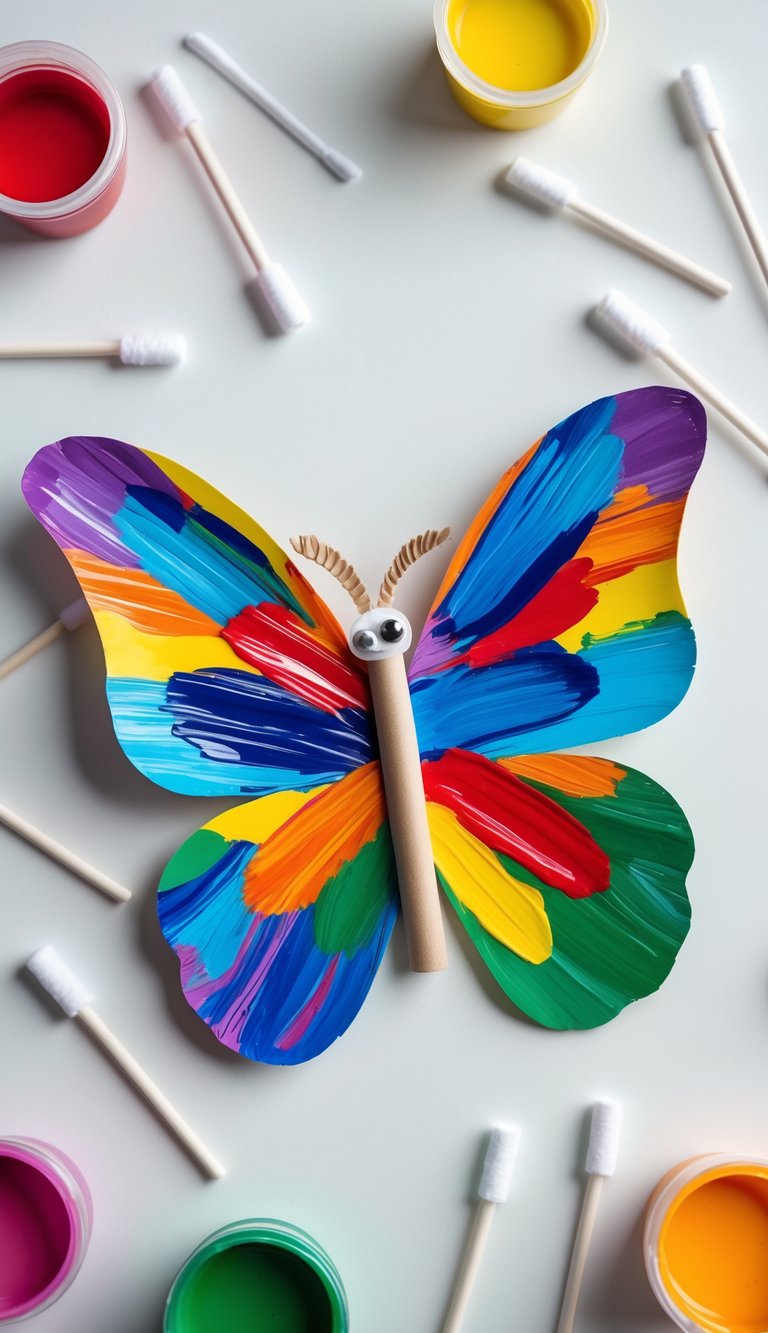 A colorful butterfly craft painted with Q-tips on a white background with scattered Q-tips and paint containers nearby.