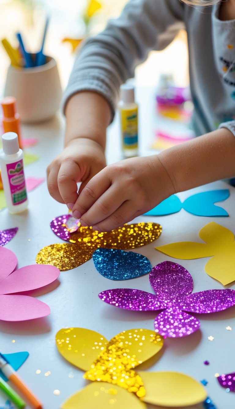 Child's hands making a colorful butterfly craft with glue and glitter on a table filled with craft supplies.