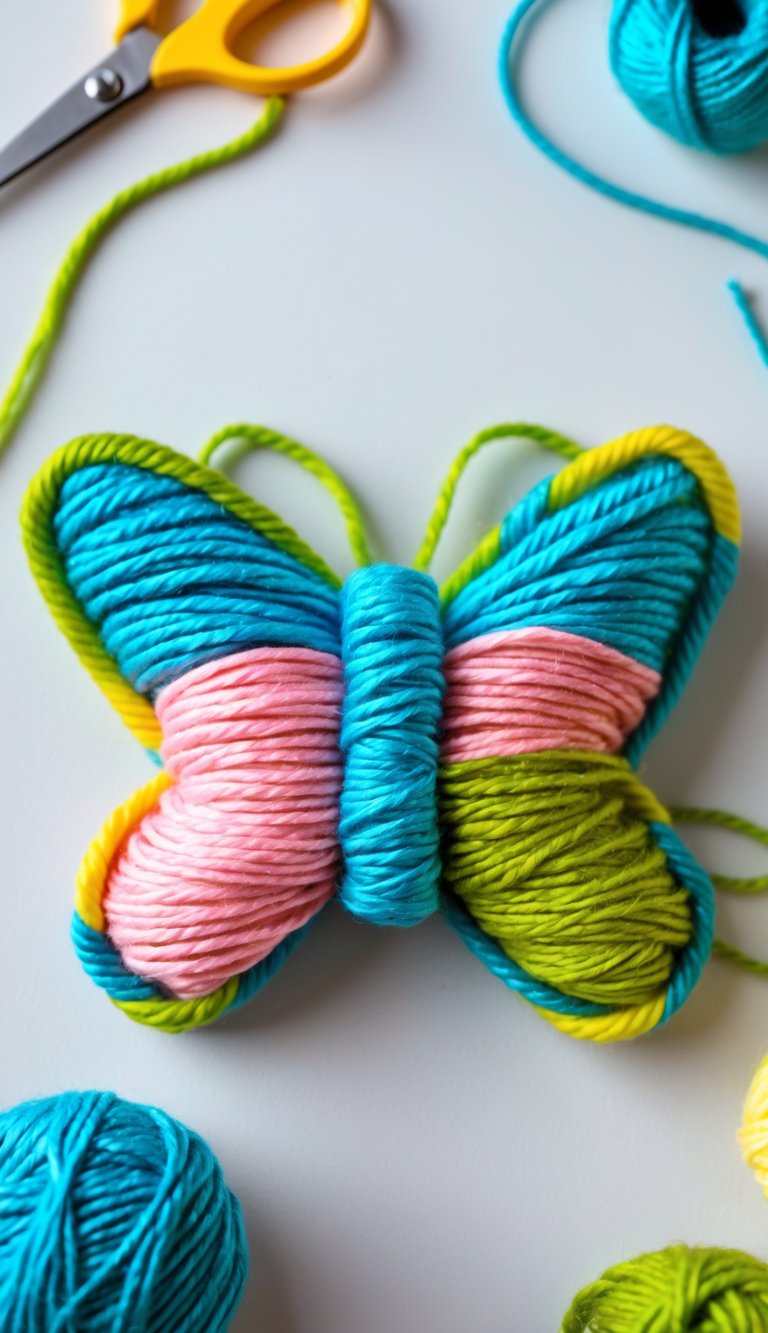 A colorful yarn-wrapped butterfly craft placed on a neutral background with crafting materials nearby.