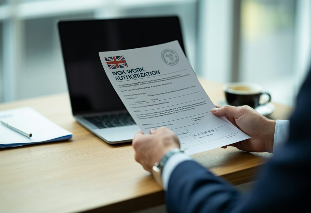 Close-up of hands holding a UK work authorization document on a desk in an office setting.
