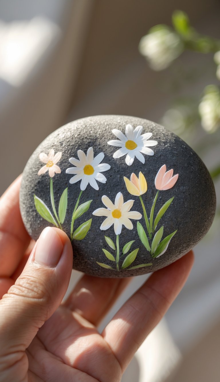A hand holding a smooth river rock painted with delicate flower designs of daisies and tulips.