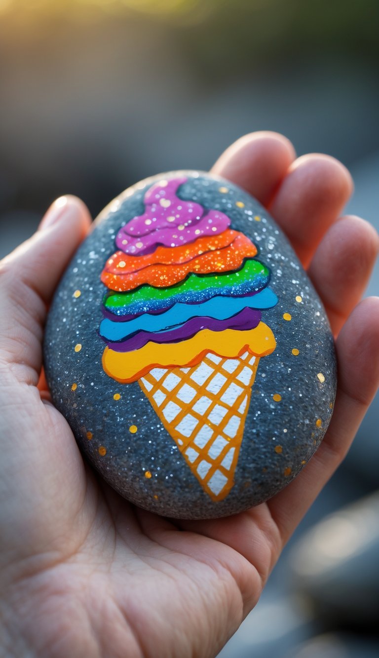 A hand holding a smooth river rock painted with a colorful ice cream cone design.