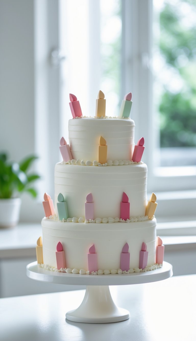 A two-tier cake decorated with fondant shapes resembling mini lipstick tubes, displayed on a cake stand in a bright home kitchen.
