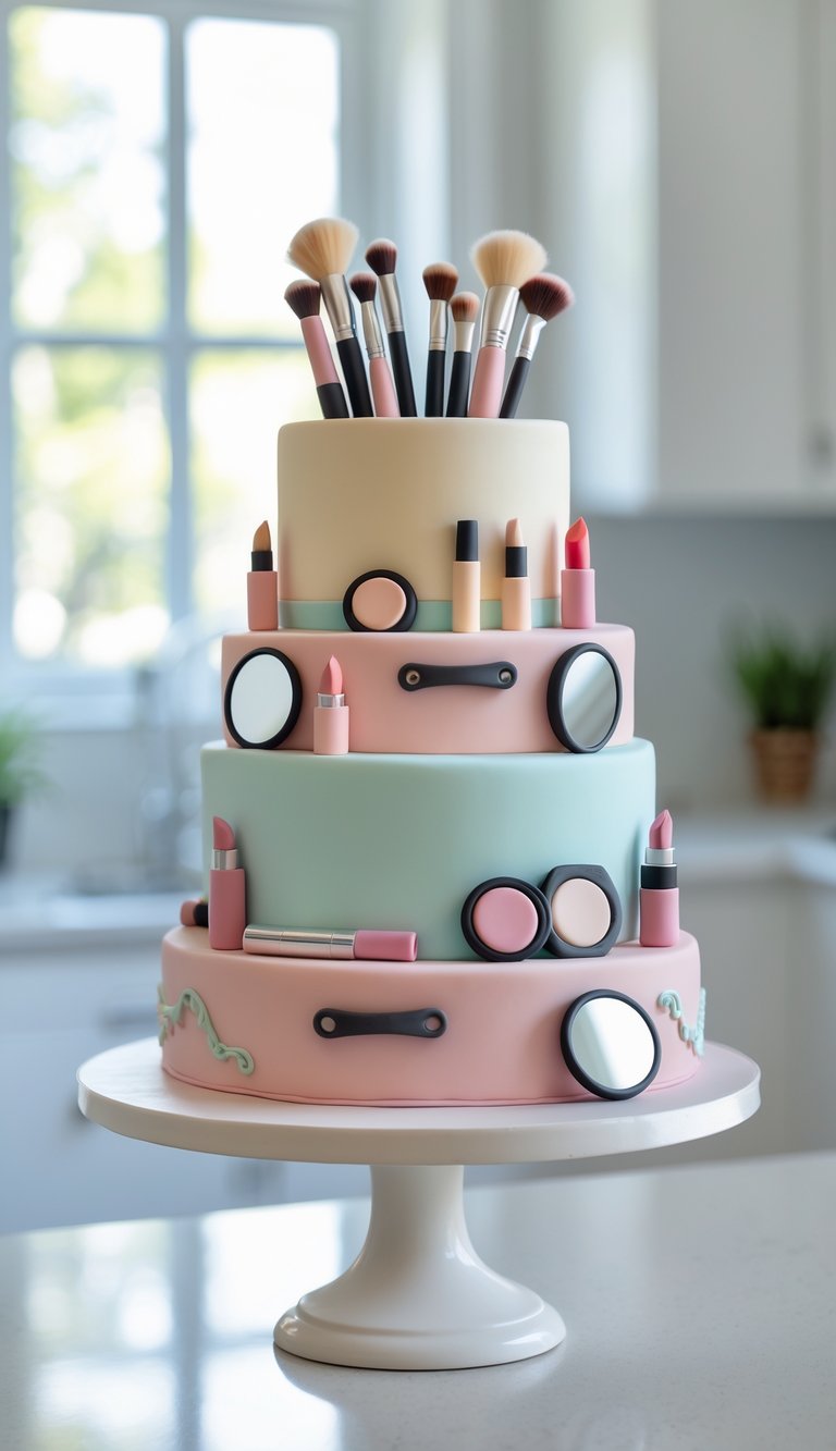 Two-tier cake shaped and decorated like a makeup artist's toolbox on a white cake stand in a bright home kitchen.