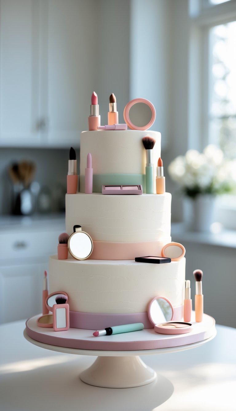 A three-tier birthday cake with makeup-themed edible decorations on a cake stand in a bright home kitchen.