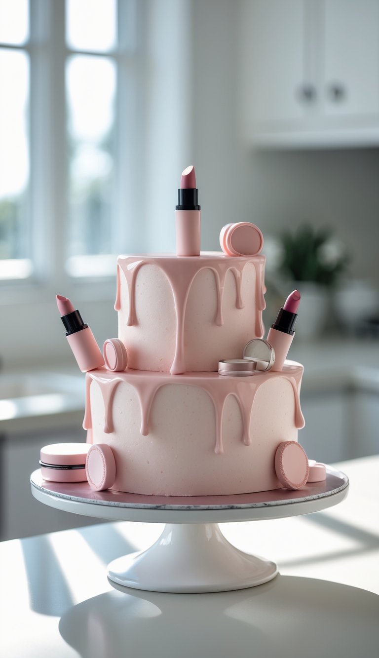Two-tier cake with glossy edible spill effect on a white cake stand in a bright home kitchen.