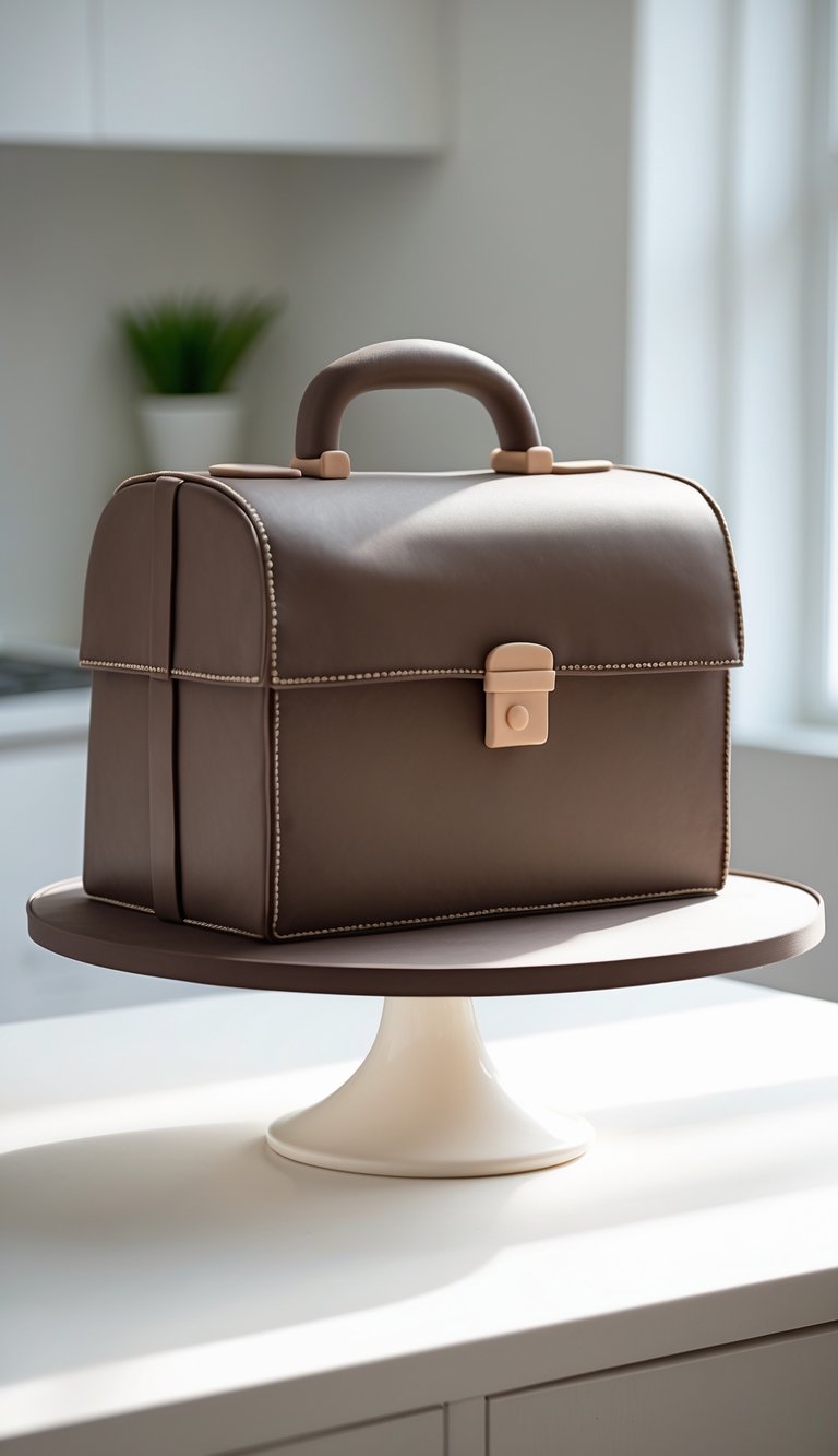 A cake shaped like a lawyer’s briefcase on a cake stand in a bright home kitchen.