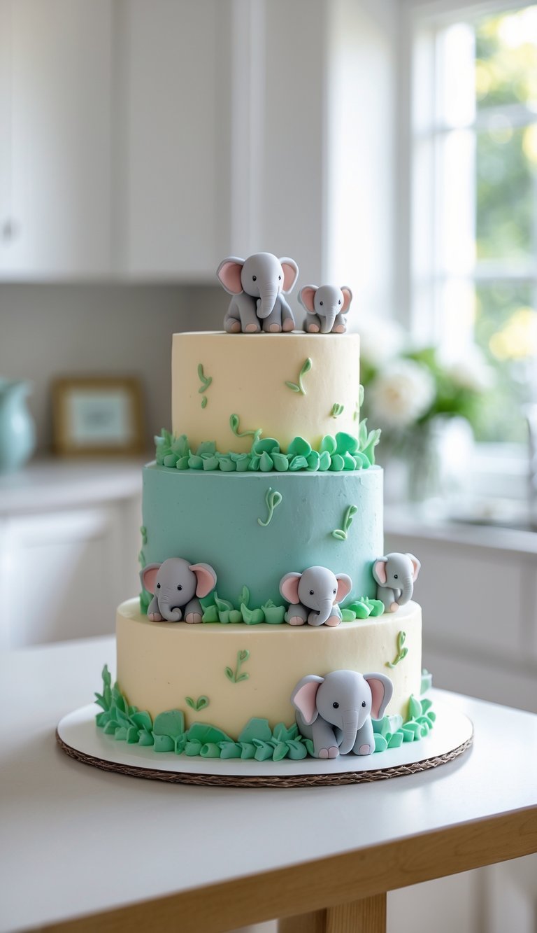 Two-tier cake decorated with baby elephant figures on a cake stand in a bright home kitchen.