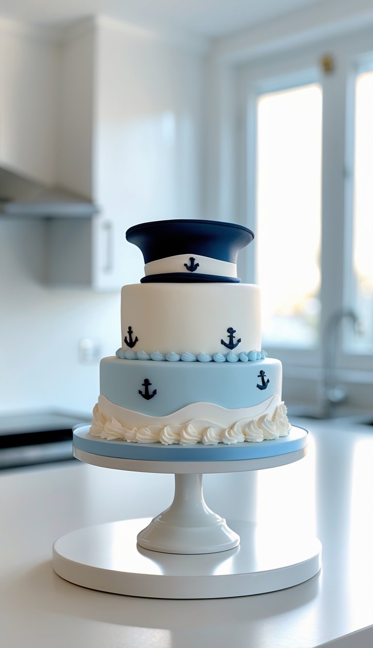 Two-tier baby boy cake with sailor-themed decorations on a white cake stand in a bright home kitchen.