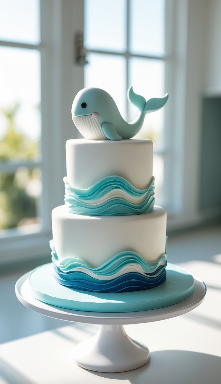Two-tier whale tail wave cake on a white cake stand in a bright home kitchen.