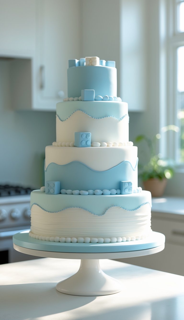 A three-tier birthday cake decorated with pastel blue and white building block designs, sitting on a white cake stand in a bright home kitchen.