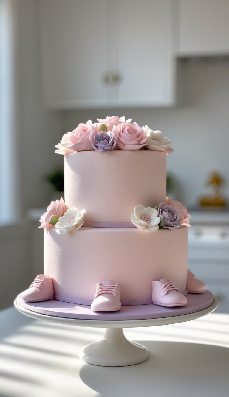 Two-tier pink baby girl cake decorated with buttercream flowers and fondant baby booties on a white cake stand in a bright kitchen.
