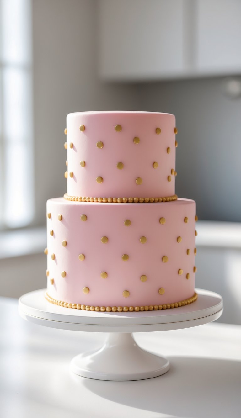 Two-tier pink cake with gold polka dots on a white cake stand in a bright home kitchen.
