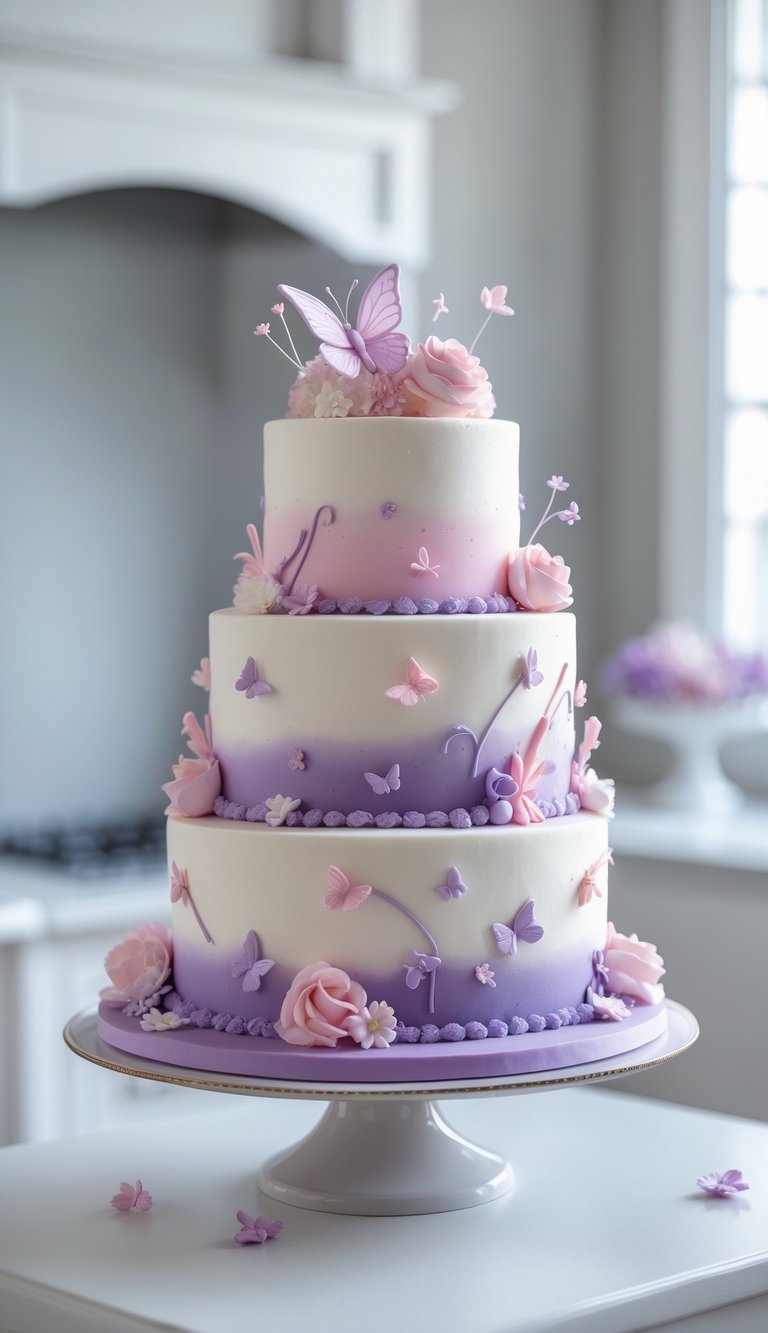 A pink and purple fairy tale themed cake on a cake stand in a bright home kitchen.