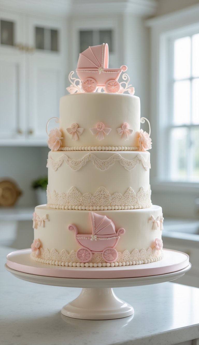 A vintage baby girl themed tiered cake with pastel frosting and delicate decorations on a cake stand in a bright home kitchen.