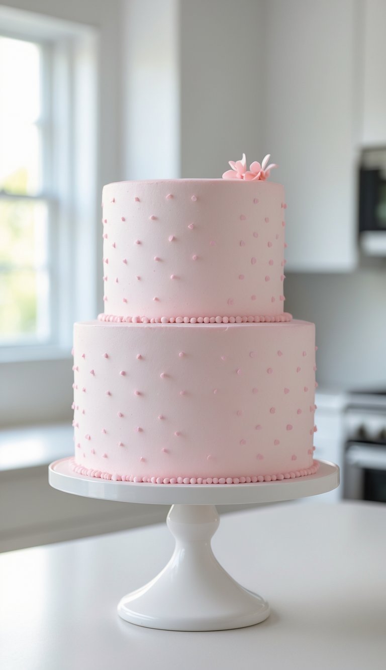 Two-tier pink cake with small dots on a white cake stand in a bright home kitchen.