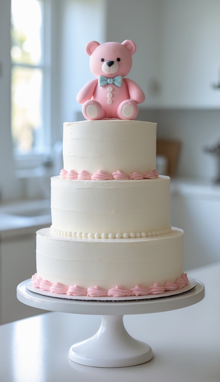 Two-tier cake with a pink teddy bear topper wearing a bow tie on a cake stand in a bright home kitchen.