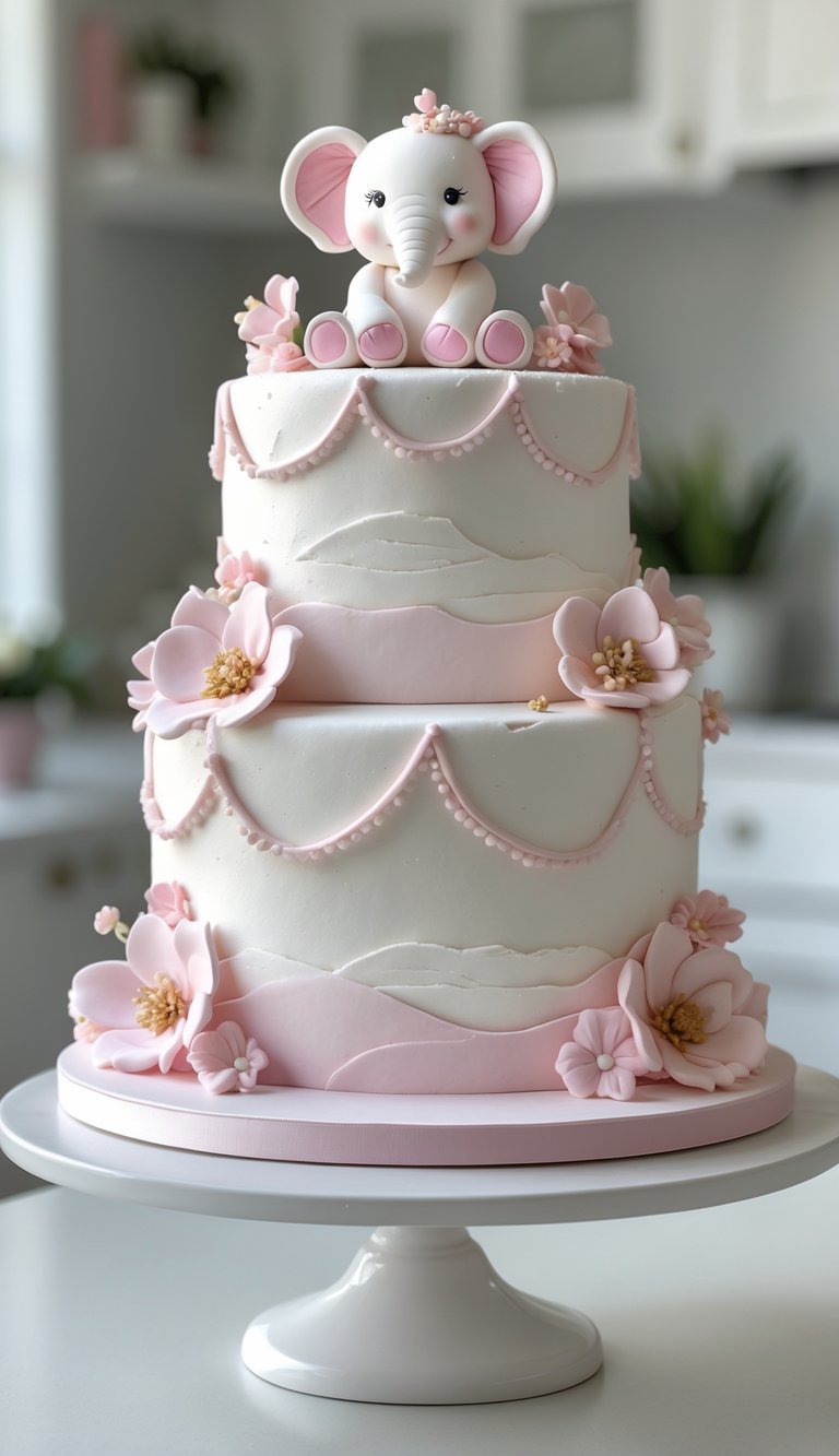 Two-tier cake with pink elephant decoration on top, placed on a white cake stand in a bright home kitchen.