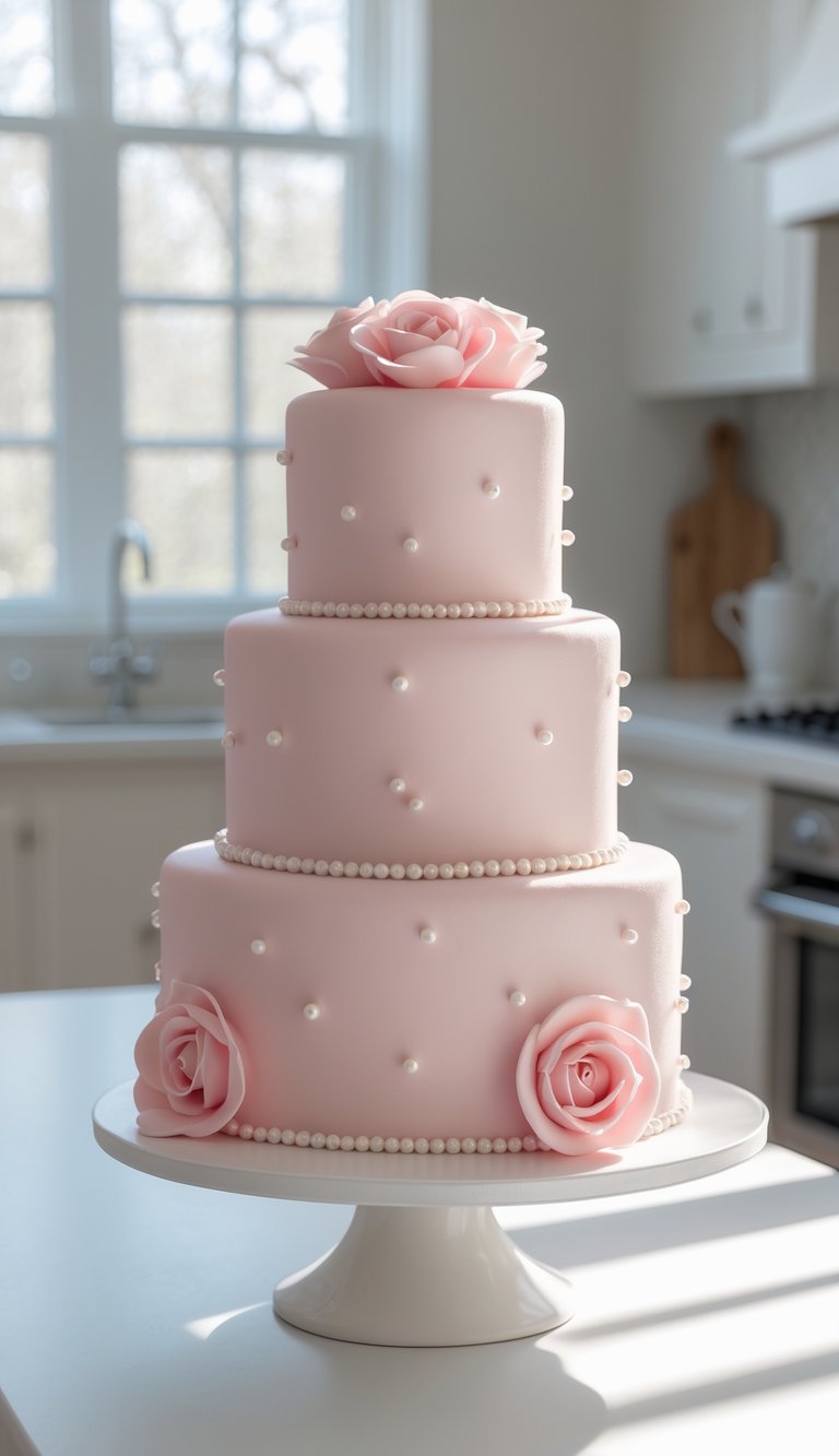 Two-tier pink cake decorated with rosebuds and pearls on a cake stand in a bright home kitchen.
