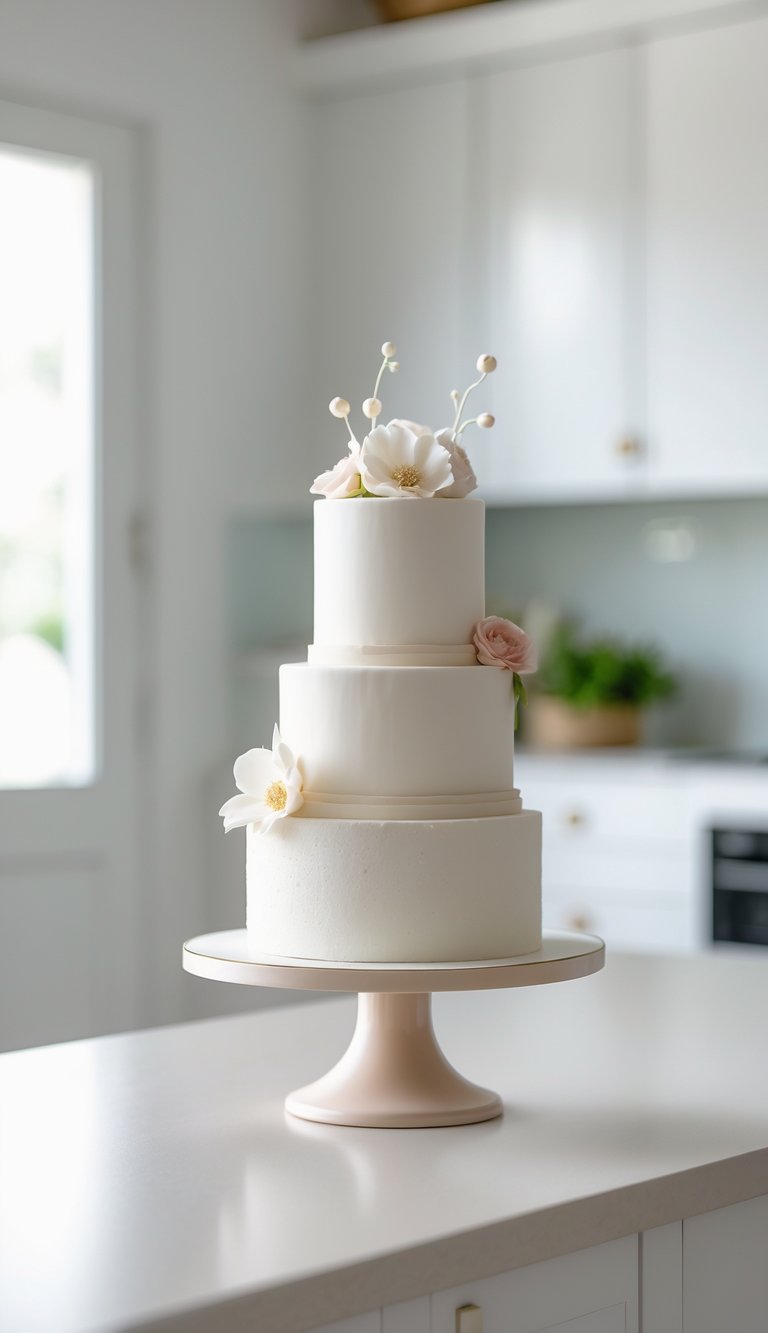 A cake on a cake stand on a clean surface in a bright home kitchen.