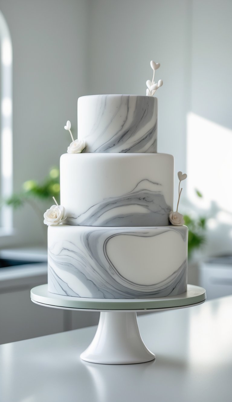 A two-tier cake with gray marble swirls on a cake stand in a bright home kitchen.