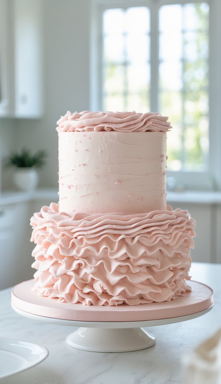 A two-tier pink ruffled cake on a white cake stand in a bright home kitchen with natural light.