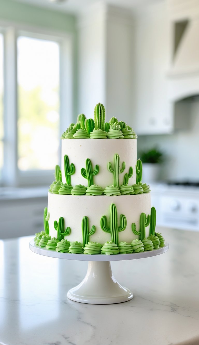 Two-tier cake with green cactus-shaped buttercream decorations on a white cake stand in a bright home kitchen.