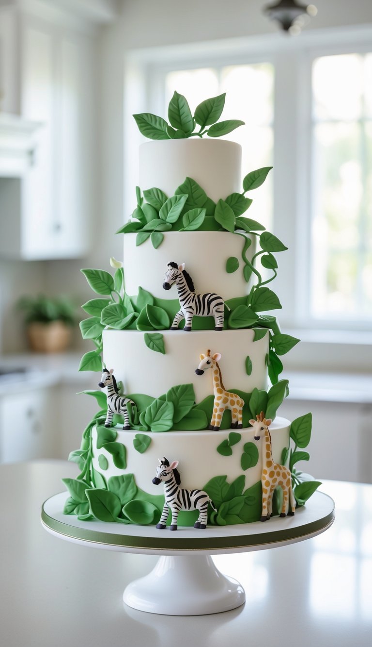 A three-tier cake with zebra and giraffe decorations sits on a white cake stand in a bright kitchen.